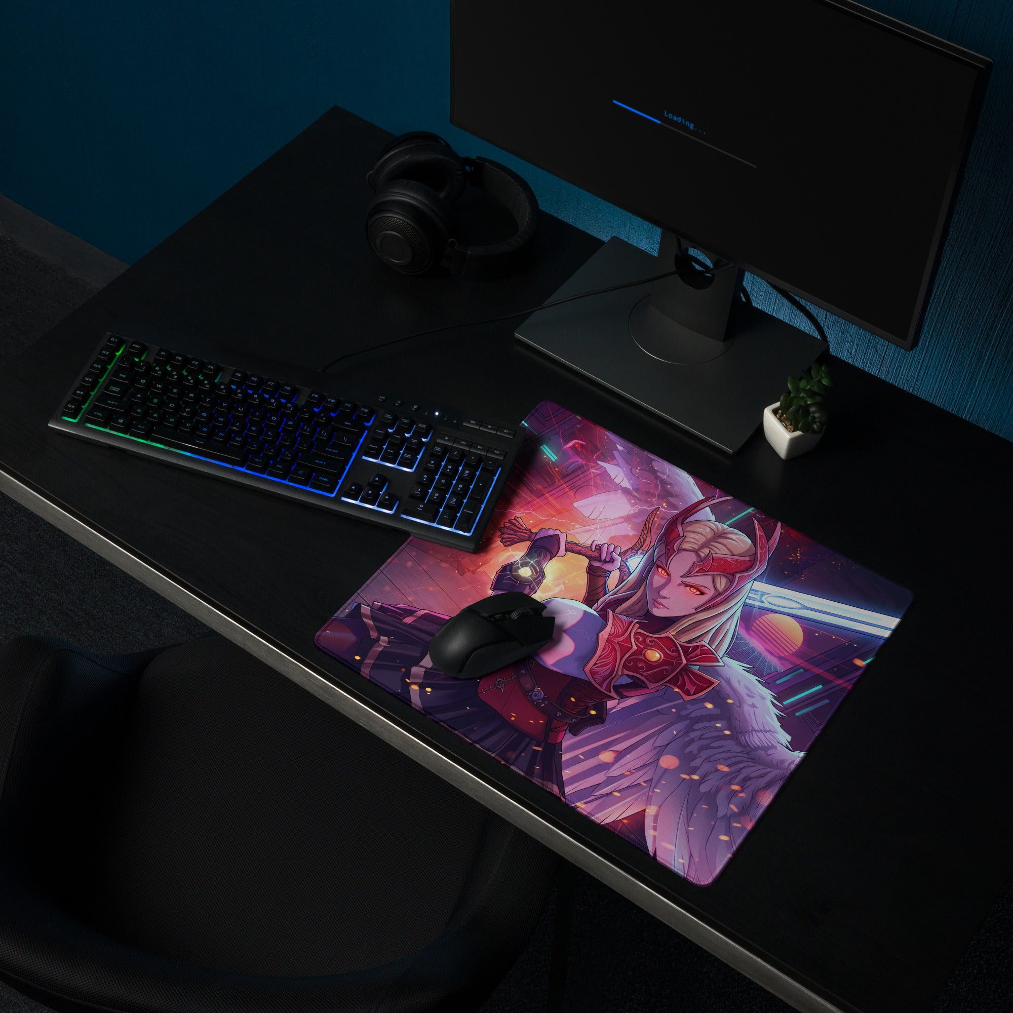 A vibrant vaporwave neon valkyrie gaming mouse pad with a detailed anime female in red armor on a cosmic purple background