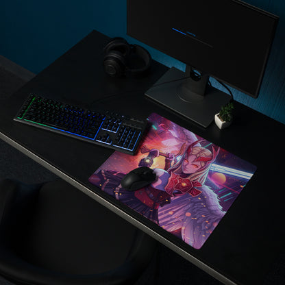A vibrant vaporwave neon valkyrie gaming mouse pad with a detailed anime female in red armor on a cosmic purple background