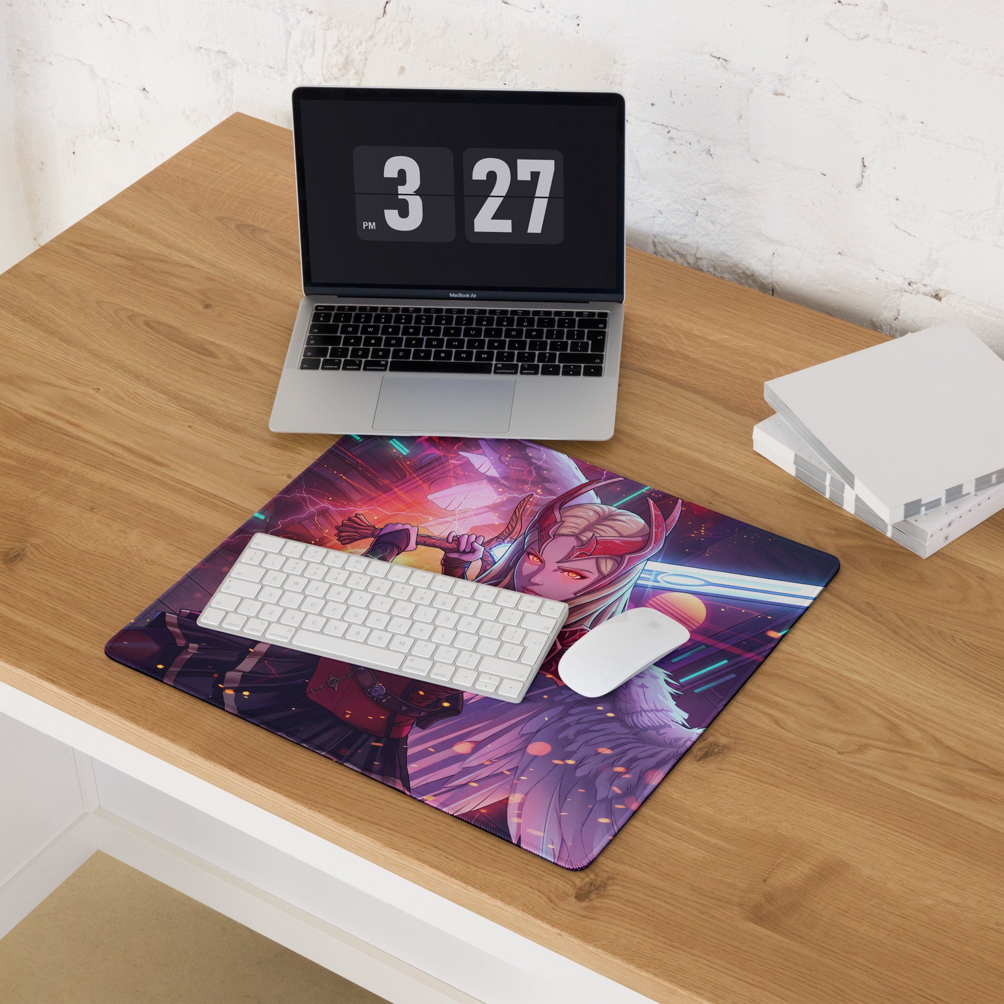 Vaporwave neon valkyrie mouse pad with vibrant fantasy warrior, glowing red eyes, purple hair, cosmic purple pink blue background