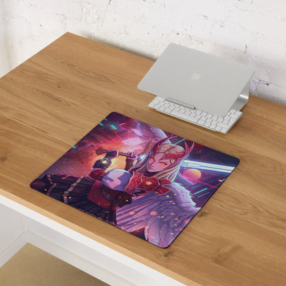 Vibrant purple and red vaporwave neon valkyrie gaming mouse pad with fantasy warrior wings on wooden desk