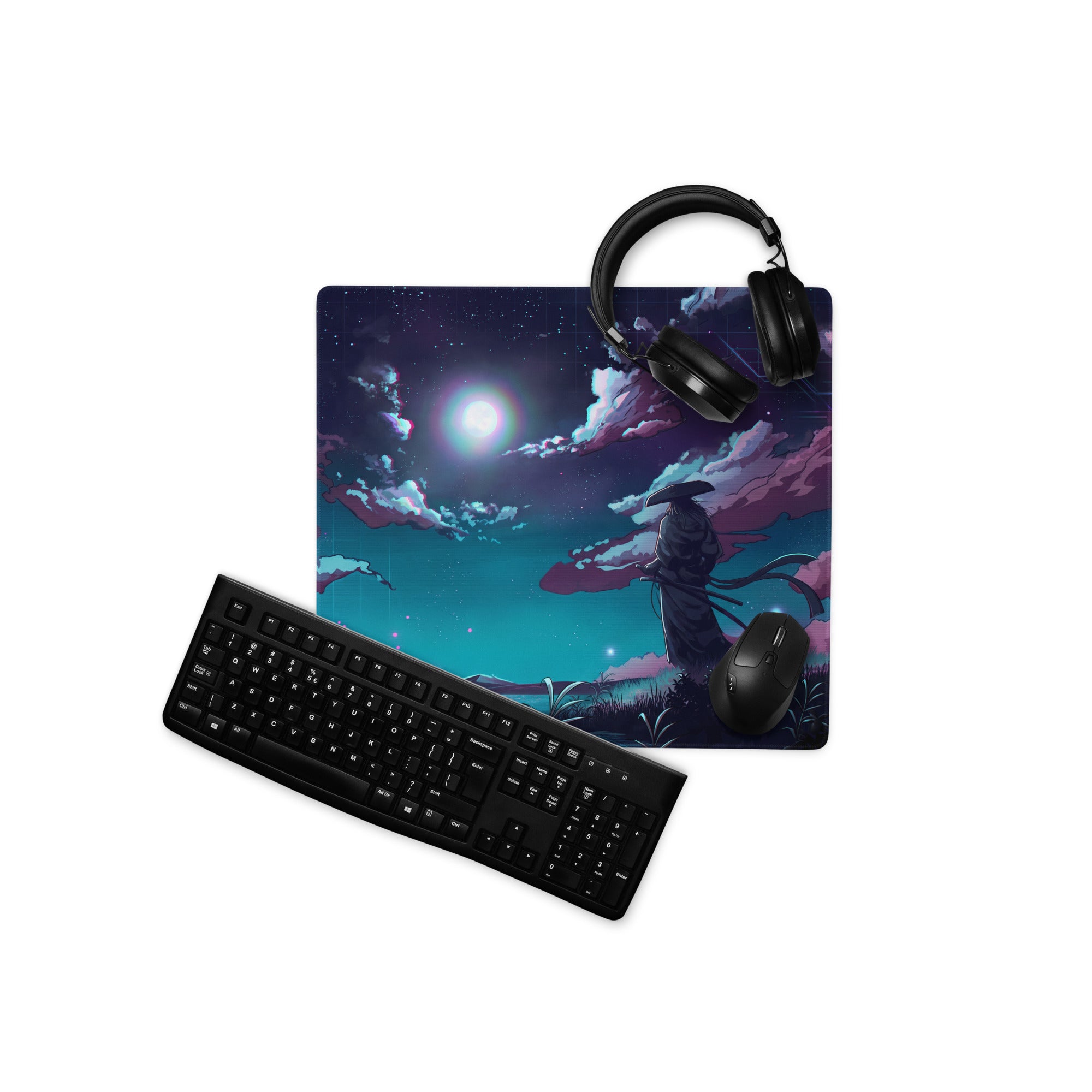 Black gaming mousepad with vibrant anime-style figure under starry sky and purple teal clouds neon night vaporwave art