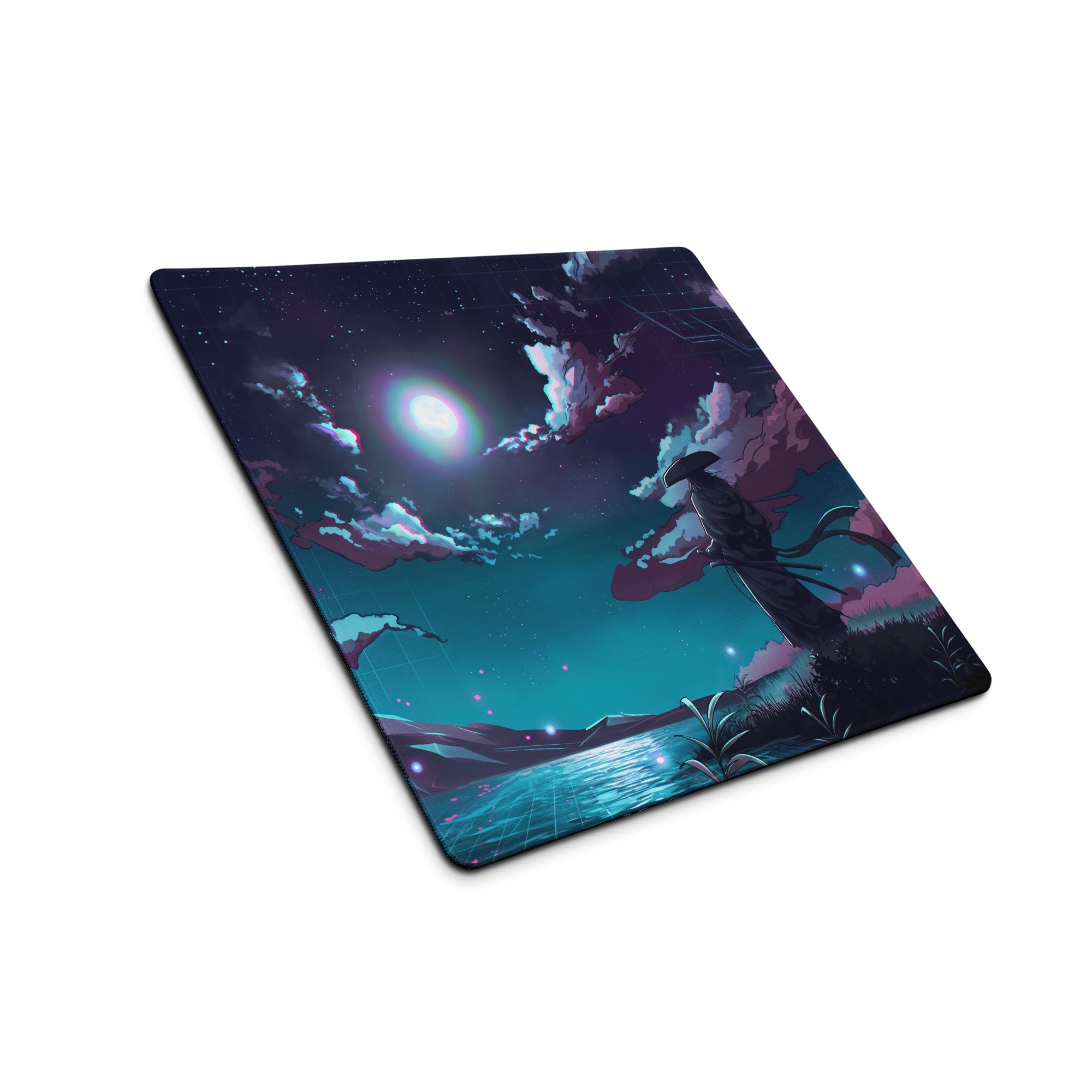 Rectangular neon night vaporwave mouse pad with smooth surface featuring vibrant anime-style cyberpunk landscape in blue purple pink