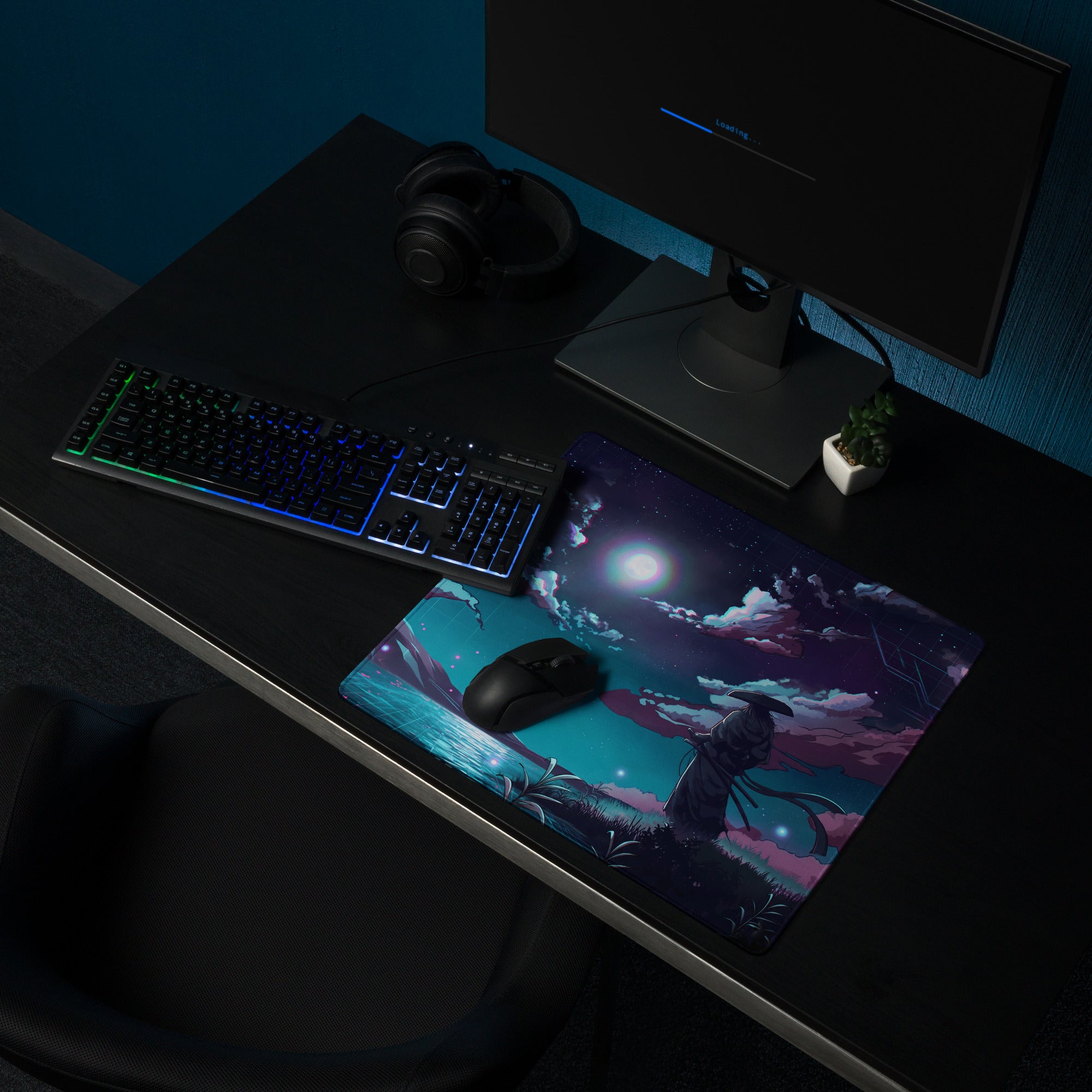 Neon night vaporwave mouse pad with vibrant anime figure under moonlit sky in blue purple pink hues for gaming desk