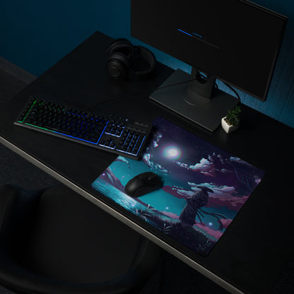 Neon night vaporwave mouse pad with vibrant anime figure under moonlit sky in blue purple pink hues for gaming desk