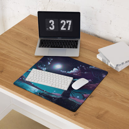 Neon night vaporwave mouse pad with vibrant cosmic nebulae and silhouetted trees under a radiant moon in blue and purple