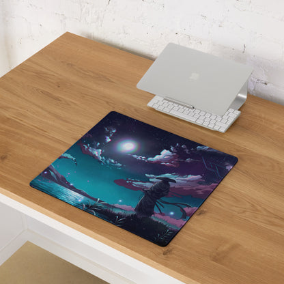 Rectangular neon night vaporwave mouse pad with vibrant anime landscape in teal purple and black for desktop use