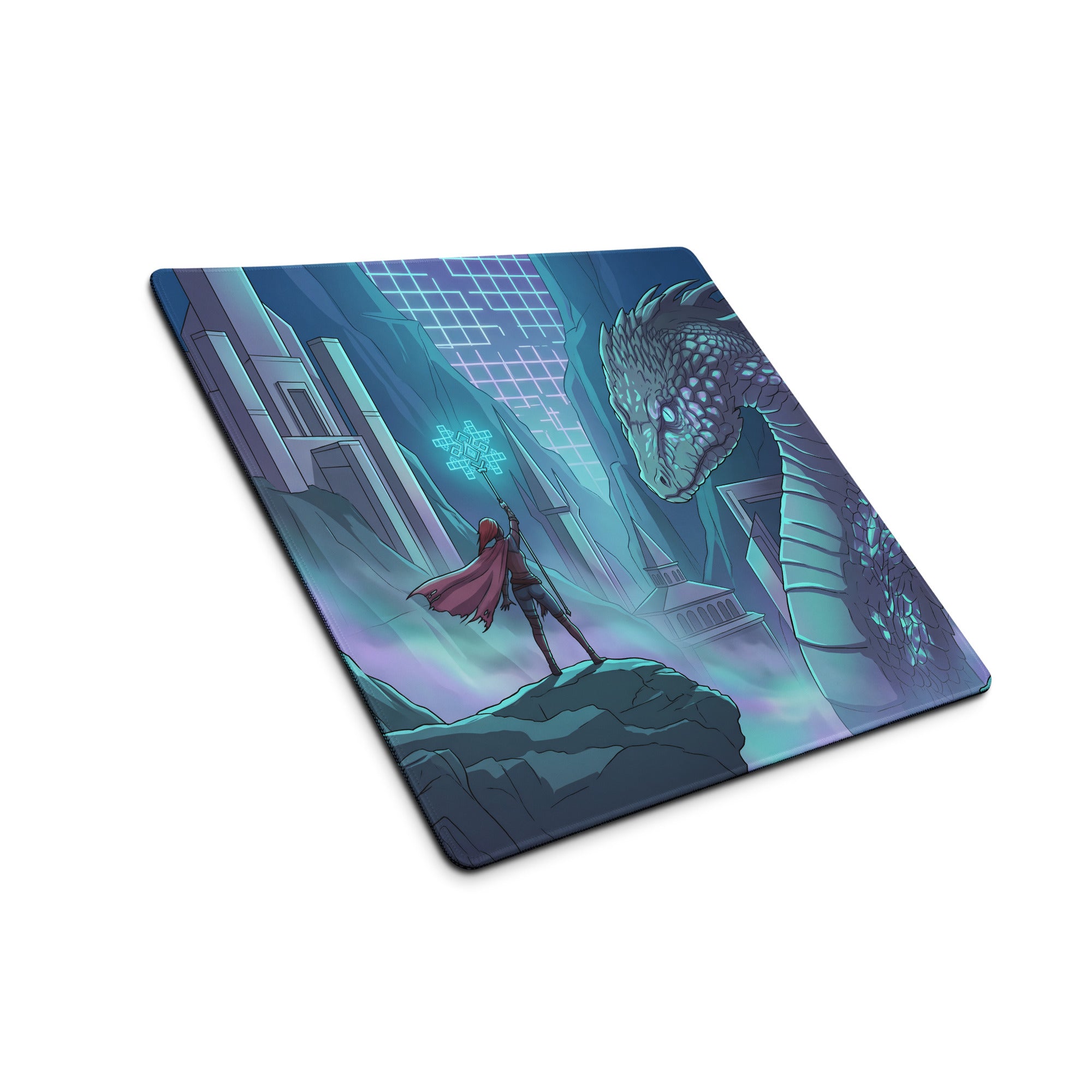 Vaporwave dragon neon desk mat with vibrant teal and purple fantasy dragon and red cape figure gaming mousepad