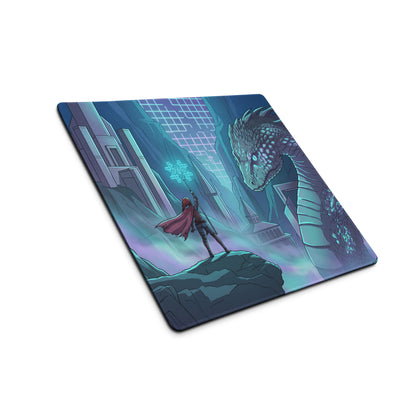 Vaporwave dragon neon desk mat with vibrant teal and purple fantasy dragon and red cape figure gaming mousepad