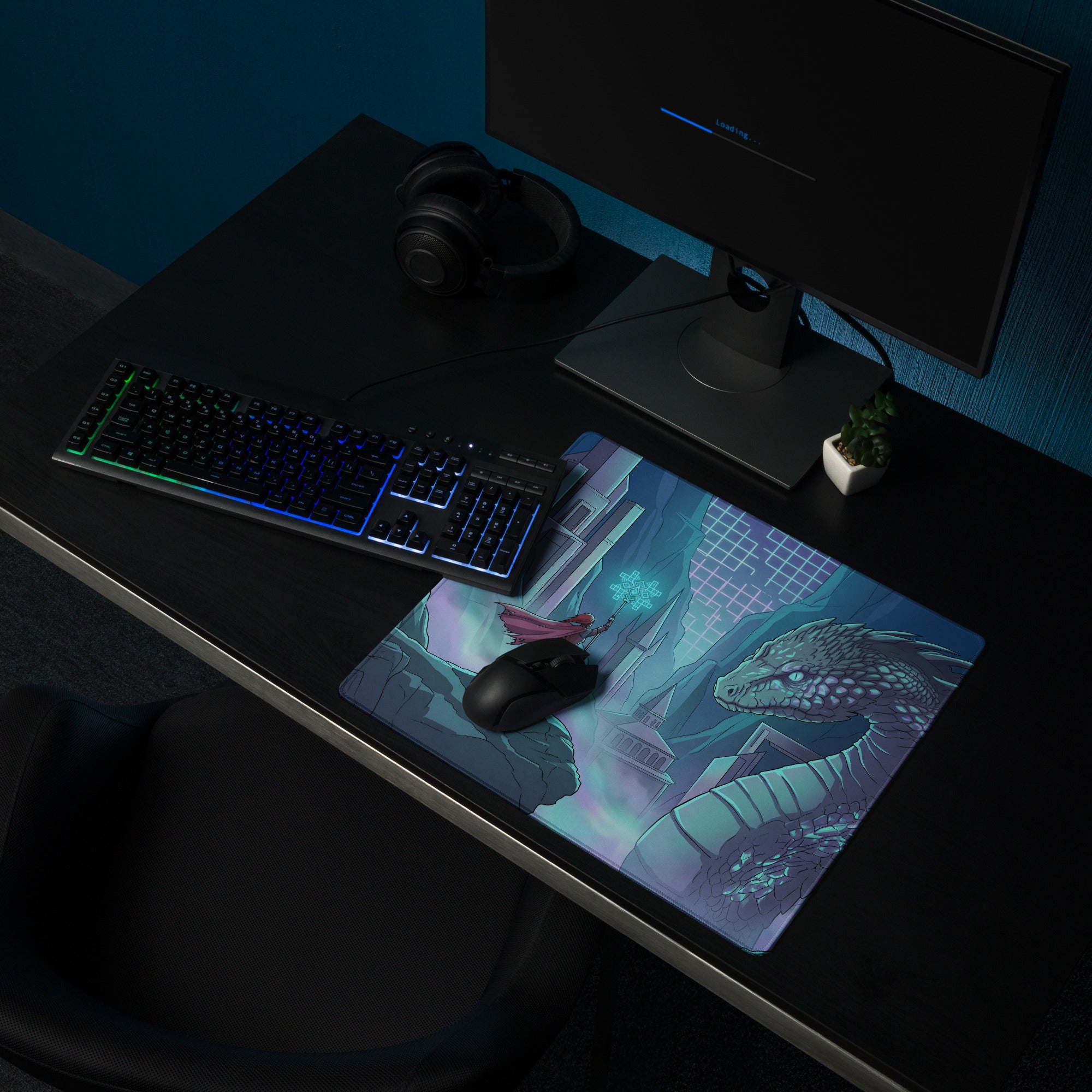 A rectangular vaporwave dragon neon desk mat featuring a teal and purple dragon with glowing blue accents for gaming