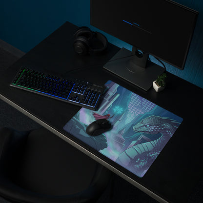 A rectangular vaporwave dragon neon desk mat featuring a teal and purple dragon with glowing blue accents for gaming