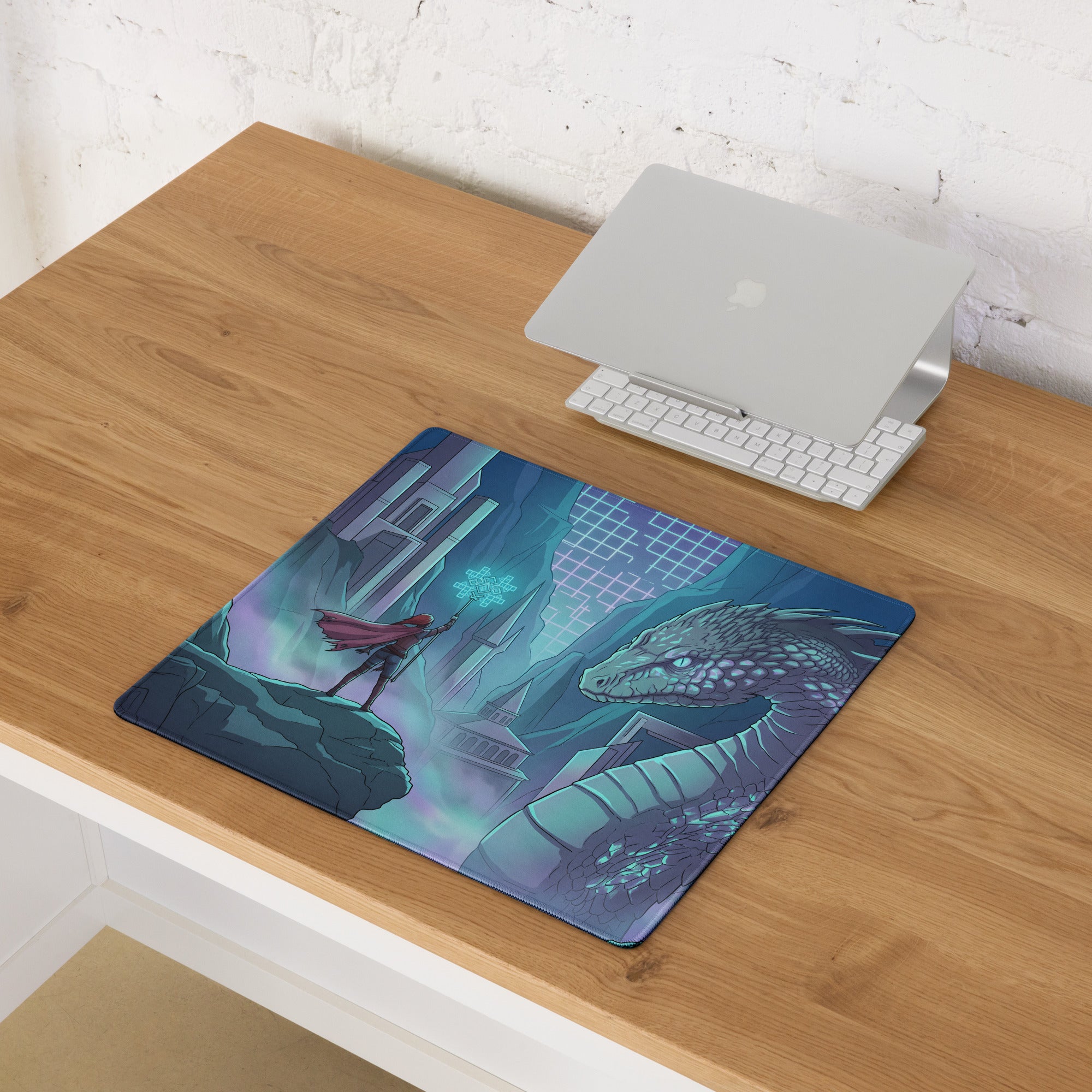 Blue and purple vaporwave dragon neon gaming mousepad featuring a dragon and red-caped figure for desk use