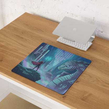 Blue and purple vaporwave dragon neon gaming mousepad featuring a dragon and red-caped figure for desk use