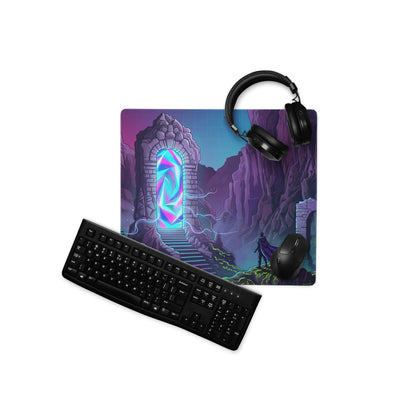 Vaporwave portal neon mouse pad with glowing purple and blue fantasy portal design on ancient stone archway surface