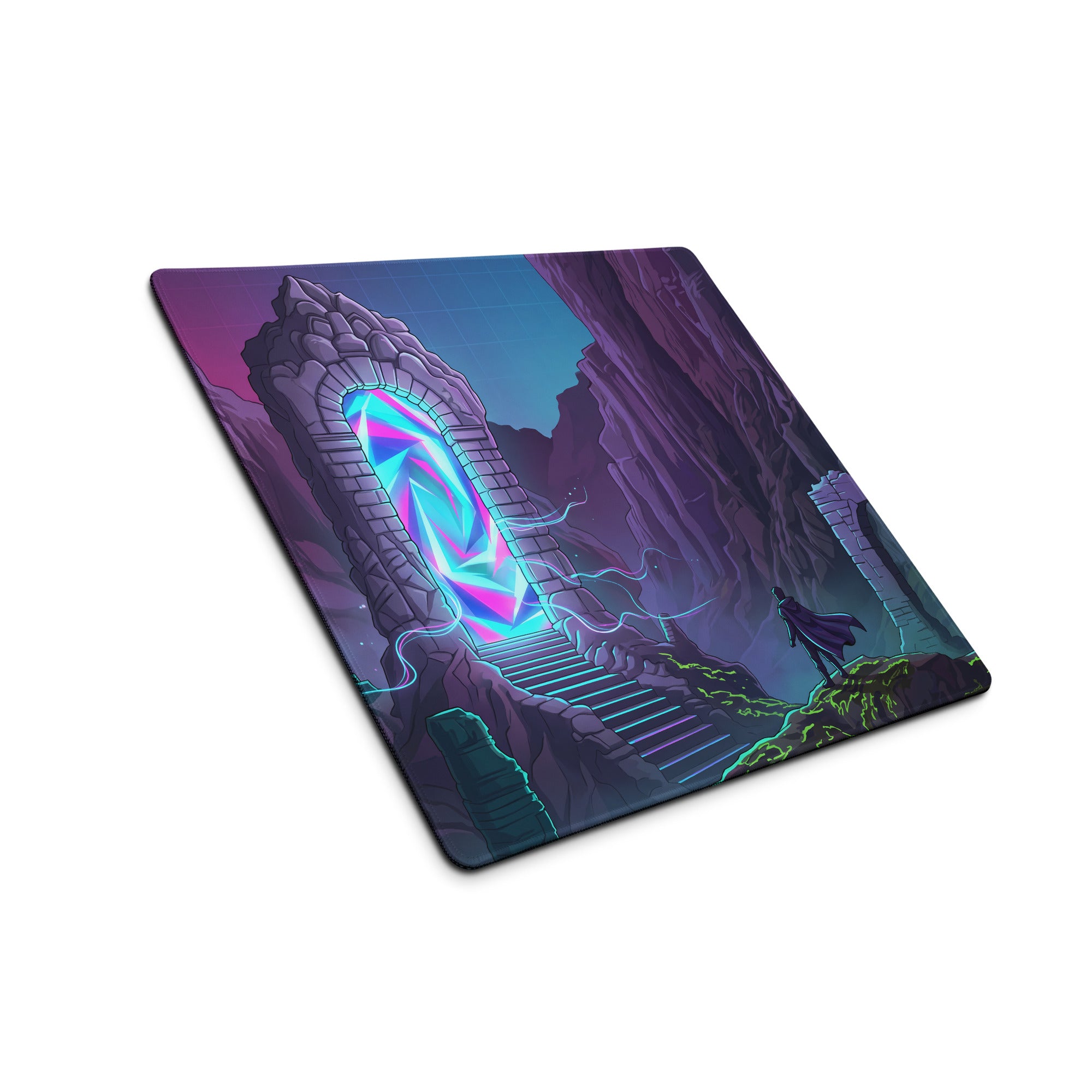 Vibrant vaporwave portal neon gaming mouse pad with glowing purple blue stone arches for esports desk use