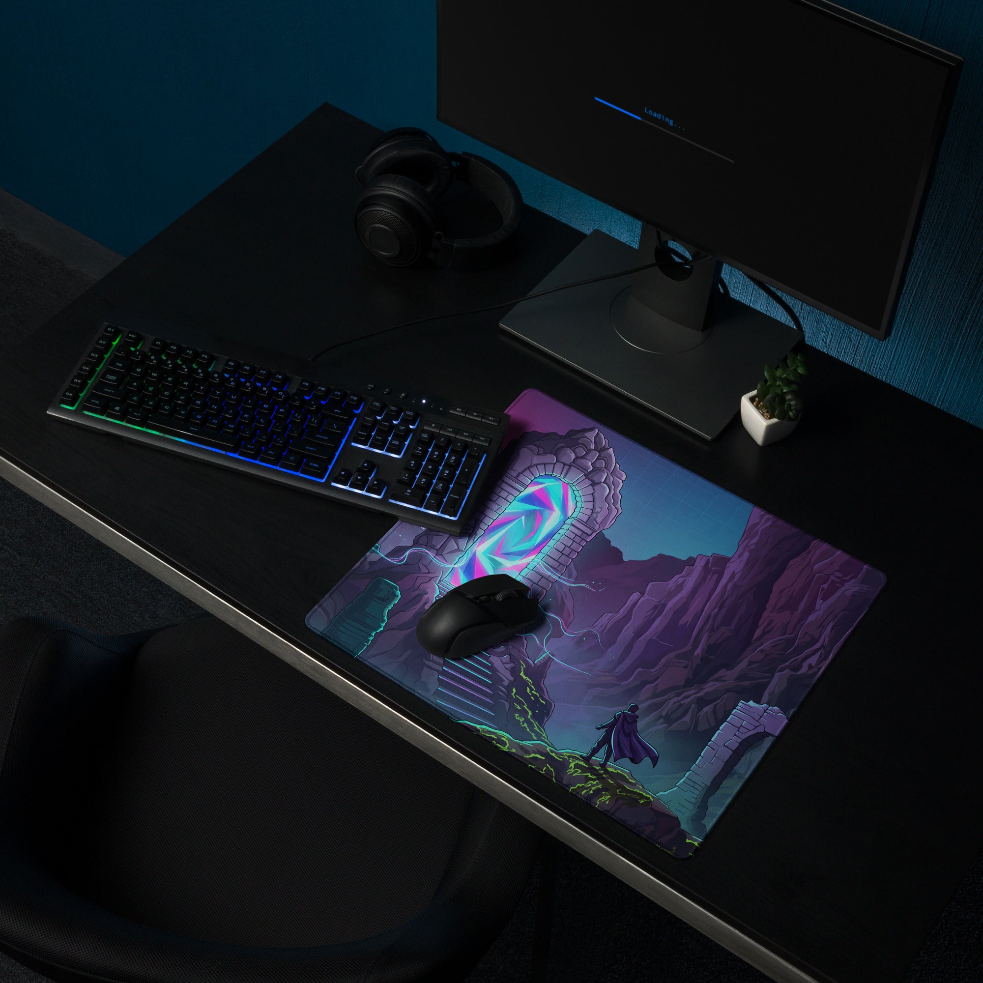 Purple and teal vaporwave portal neon gaming mouse pad featuring a character standing before a glowing portal on rocky landscape