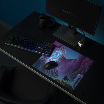 Purple and teal vaporwave portal neon gaming mouse pad featuring a character standing before a glowing portal on rocky landscape