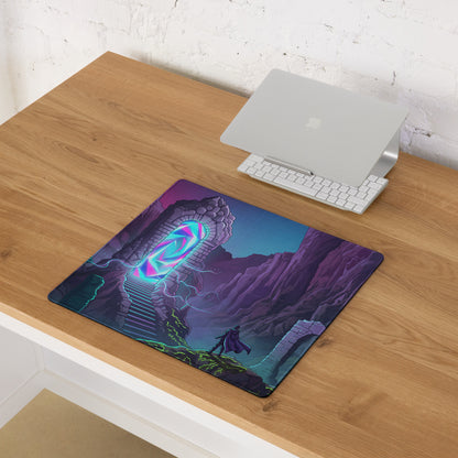 Rectangular vaporwave portal neon gaming mouse pad with vibrant glowing blue purple fantasy stone arch illustration