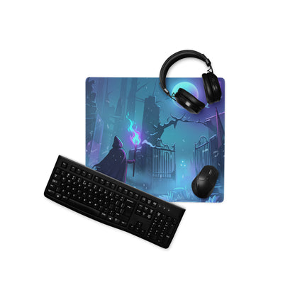 Neon night vaporwave arena mouse pad featuring blue and purple fantasy design with hooded figure and glowing staff