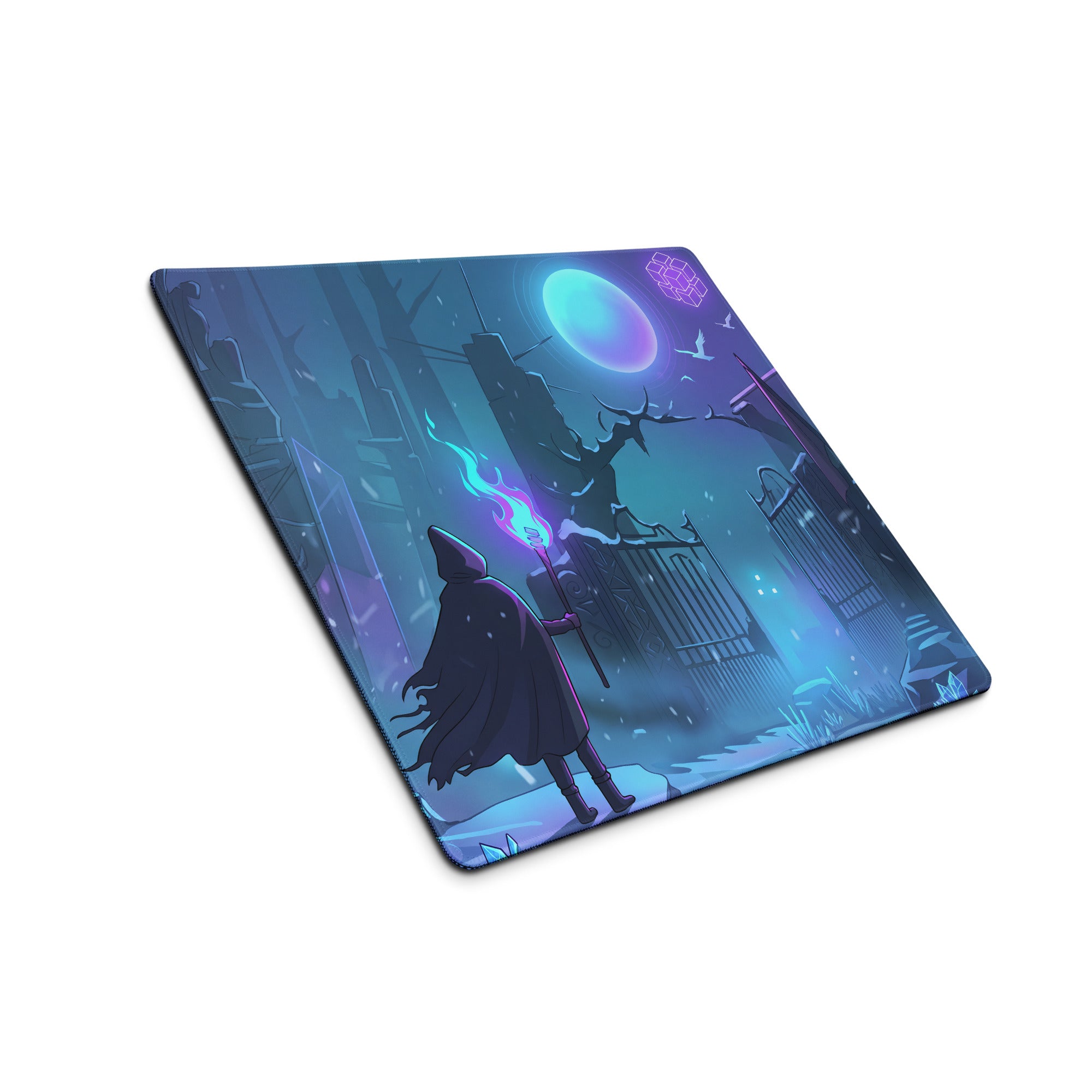 Neon night vaporwave arena rectangular gaming mouse pad with dark fantasy cloaked figure and purple moon design in blue and black