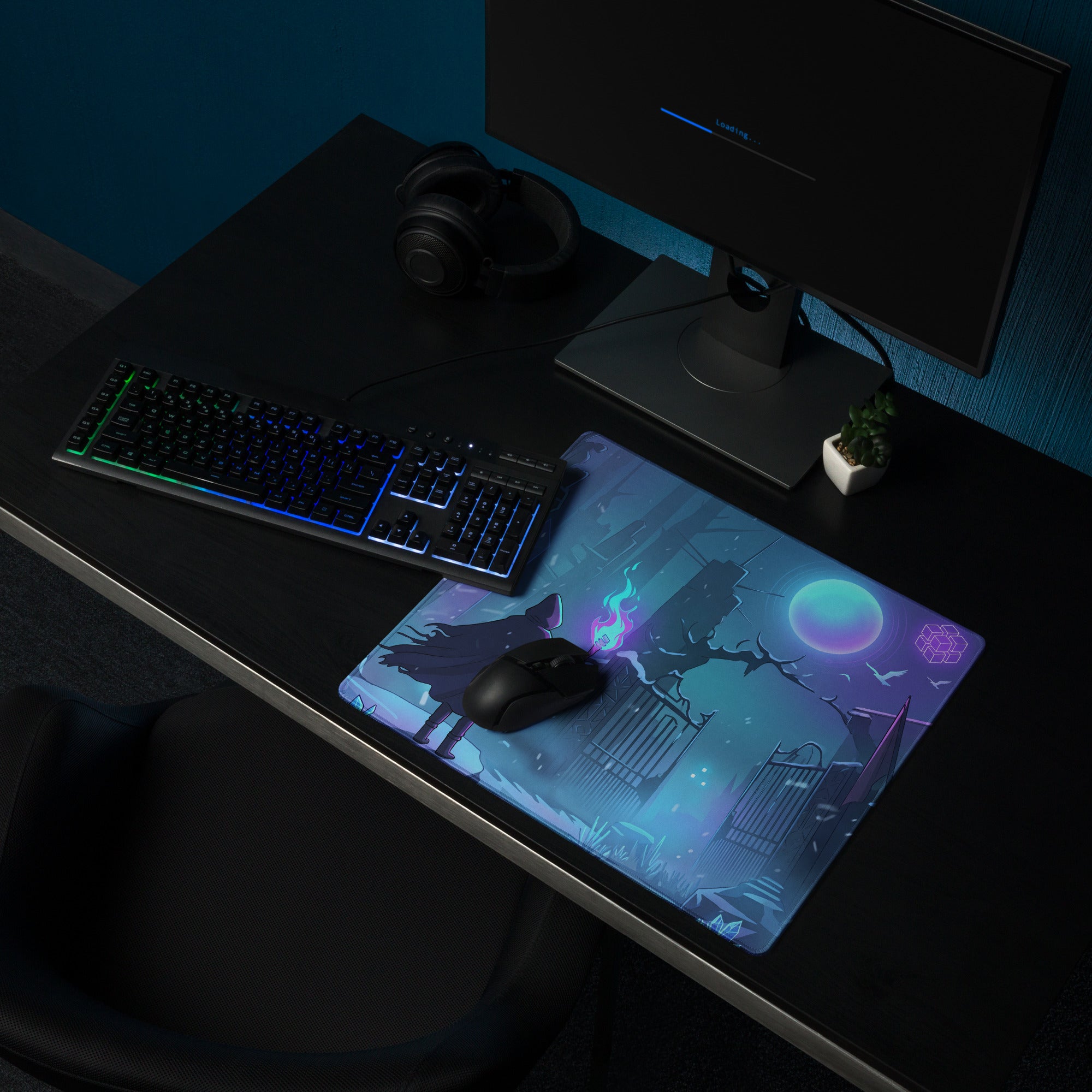 A rectangular neon night vaporwave arena gaming mouse pad with purple and blue wolf and moon fantasy illustration