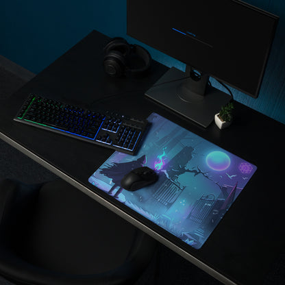 A rectangular neon night vaporwave arena gaming mouse pad with purple and blue wolf and moon fantasy illustration