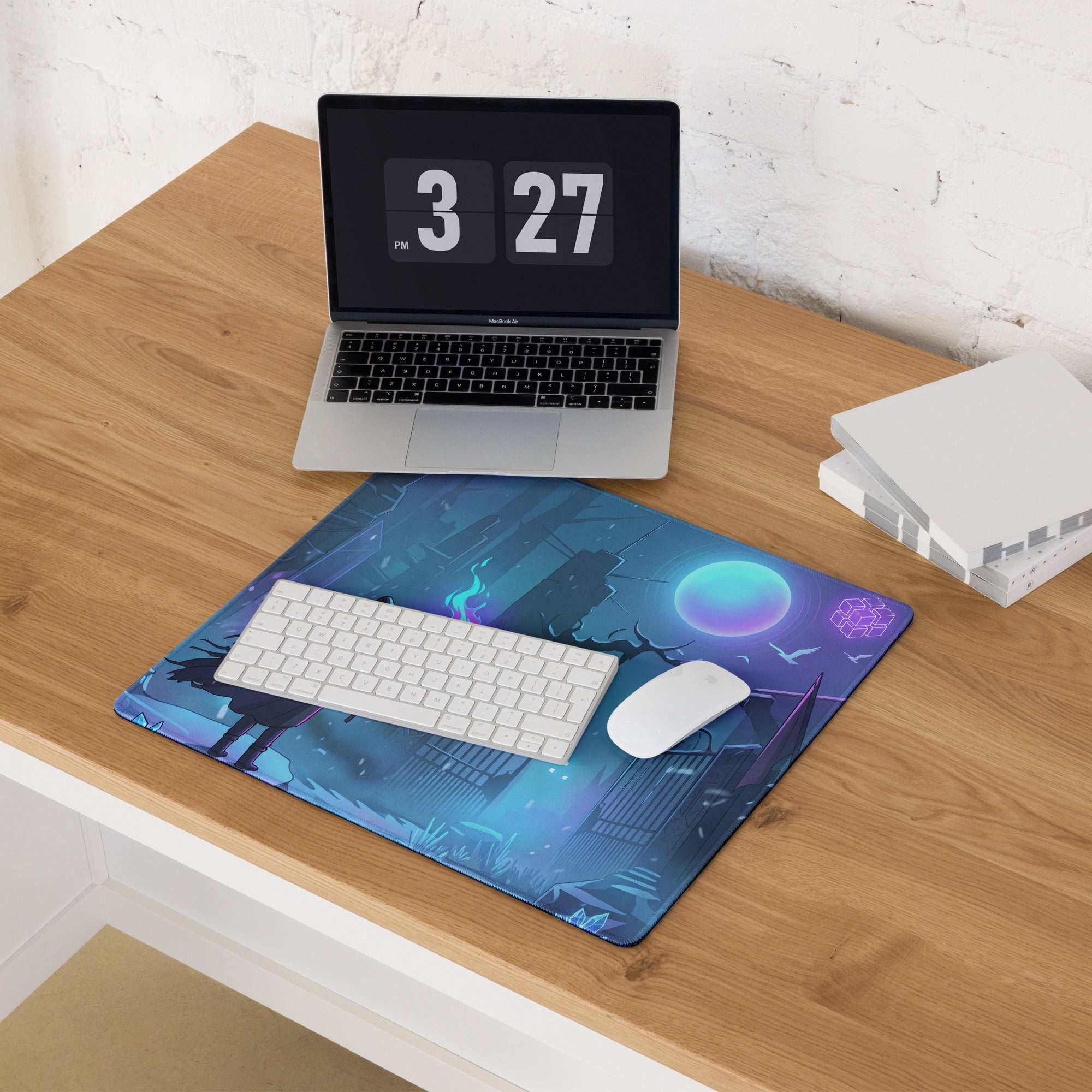 Neon night vaporwave arena gaming mouse pad with blue and purple neon cityscape design for cyberpunk gamer desks