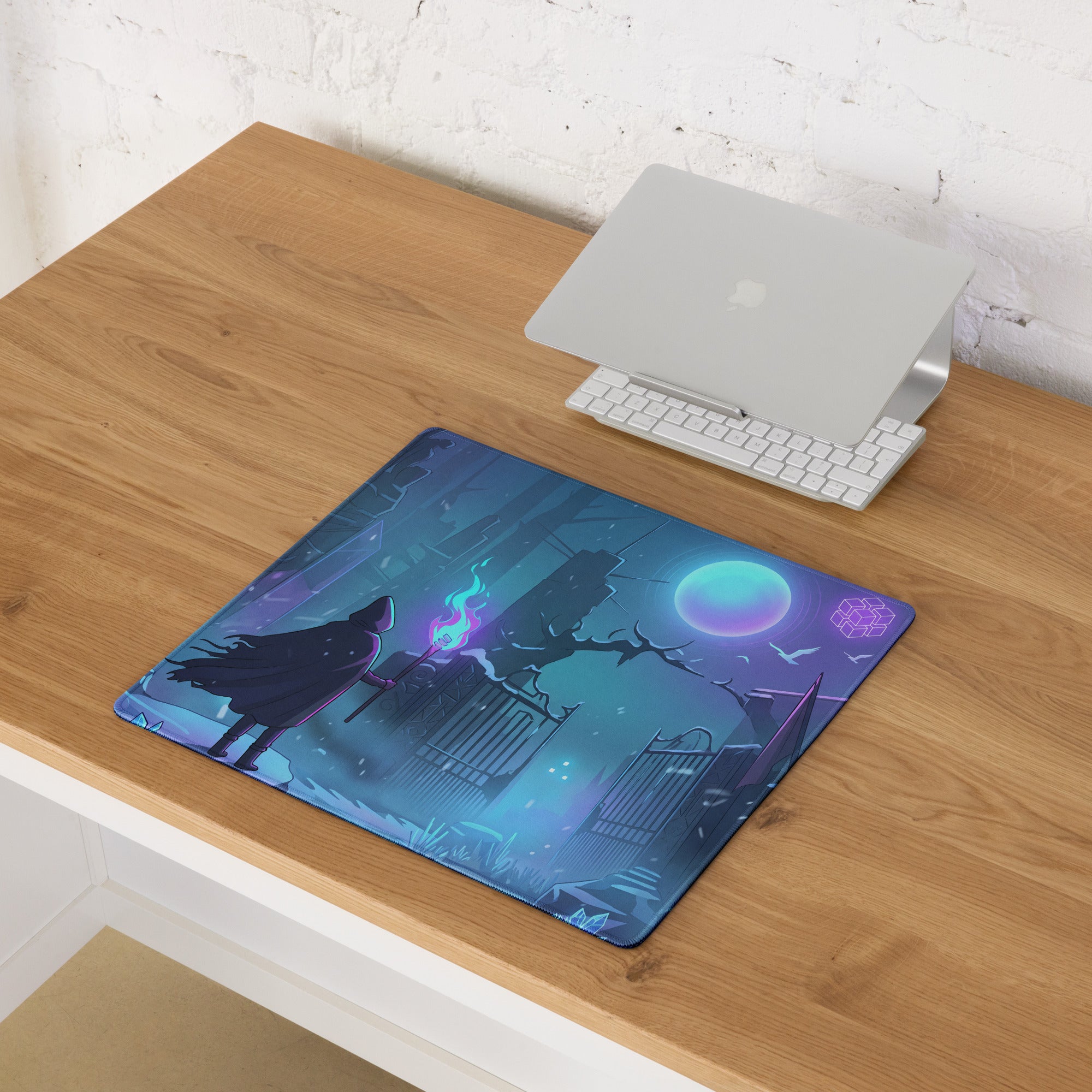 Neon night vaporwave arena mouse pad with vibrant blue and purple fantasy illustration for gaming desks