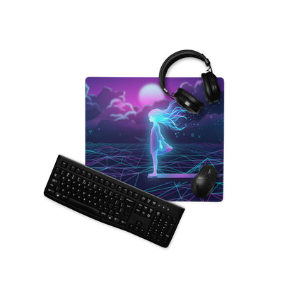 Navy blue and purple neon vaporwave galaxy gaming mousepad with glowing anime girl silhouette on geometric sky background