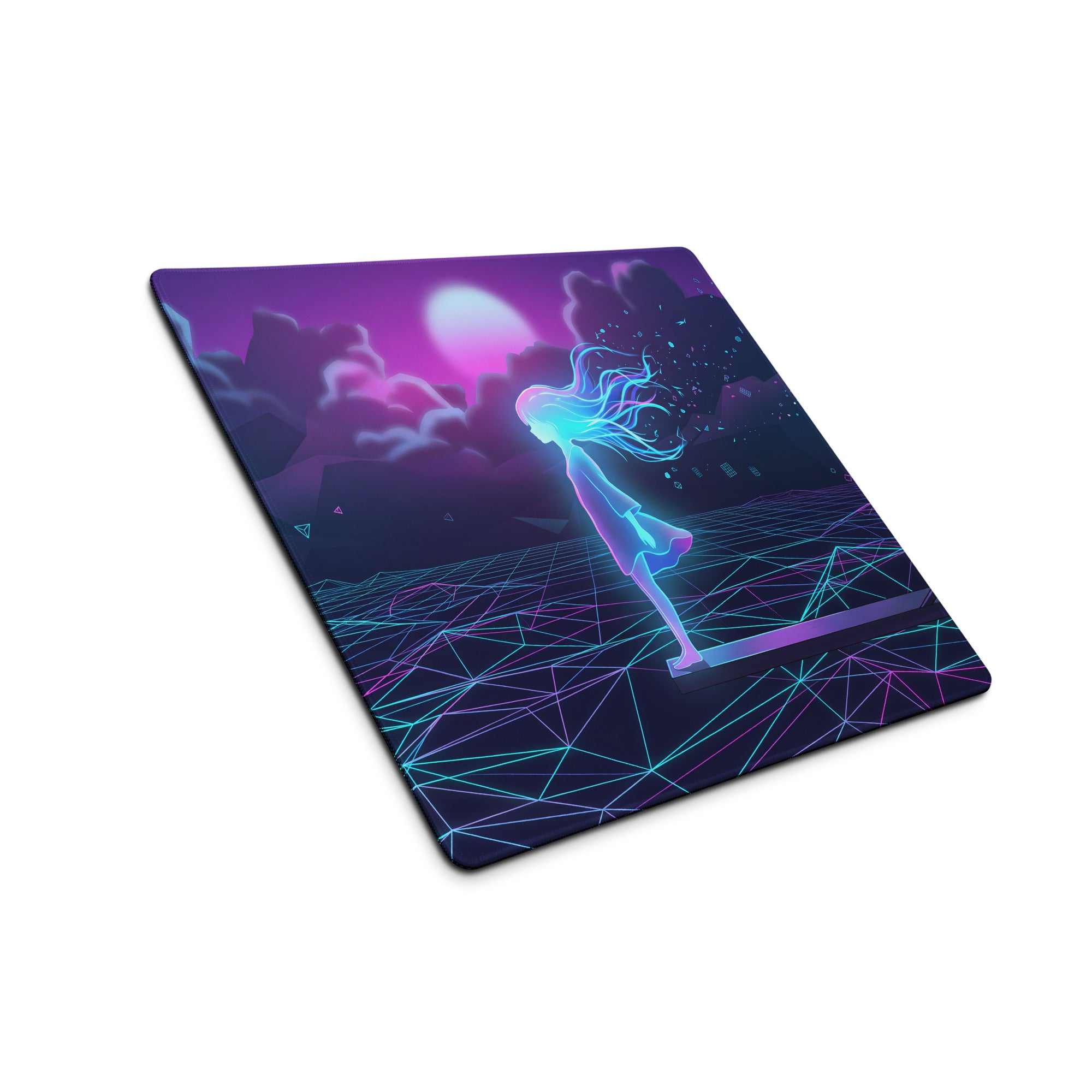 Vaporwave neon galaxy mouse pad with neon purple and cyan digital art of glowing anime girl on cyberpunk lines