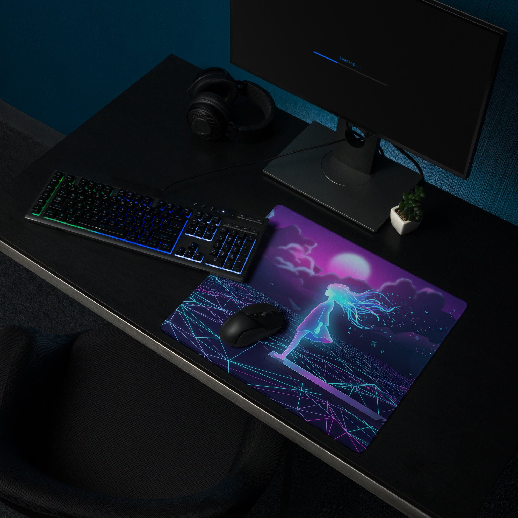 Vaporwave neon galaxy mouse pad featuring a glowing anime figure with purple pink and blue cosmic hues for gaming desk setup
