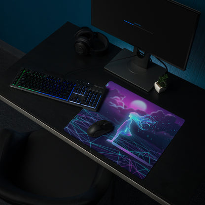 Vaporwave neon galaxy mouse pad featuring a glowing anime figure with purple pink and blue cosmic hues for gaming desk setup