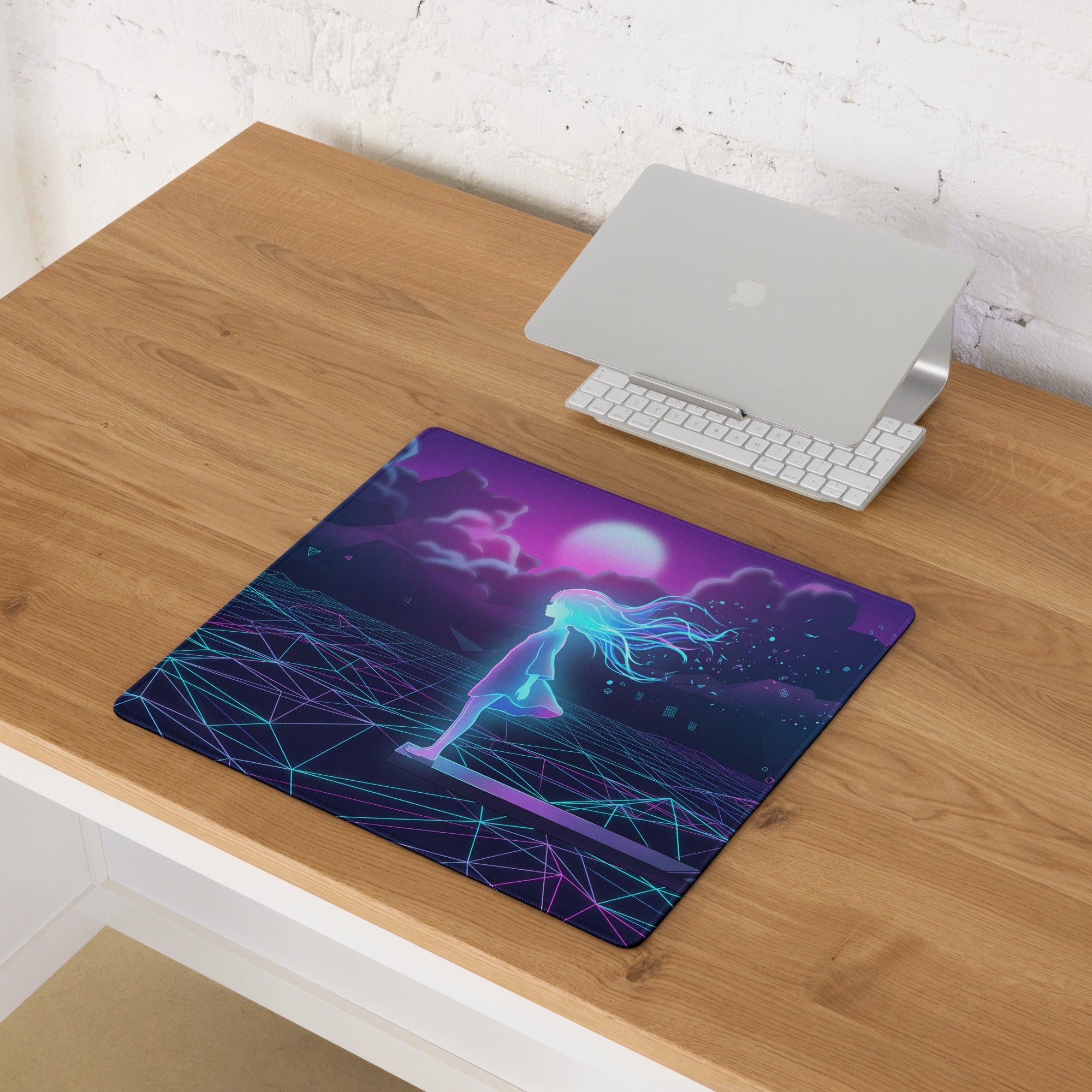 Vaporwave neon galaxy mouse pad featuring a vibrant neon anime girl running on a purple pink geometric landscape