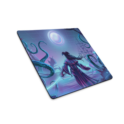 Neon vaporwave night city gaming mouse pad in purple and teal featuring a fantasy character with sword and tentacles