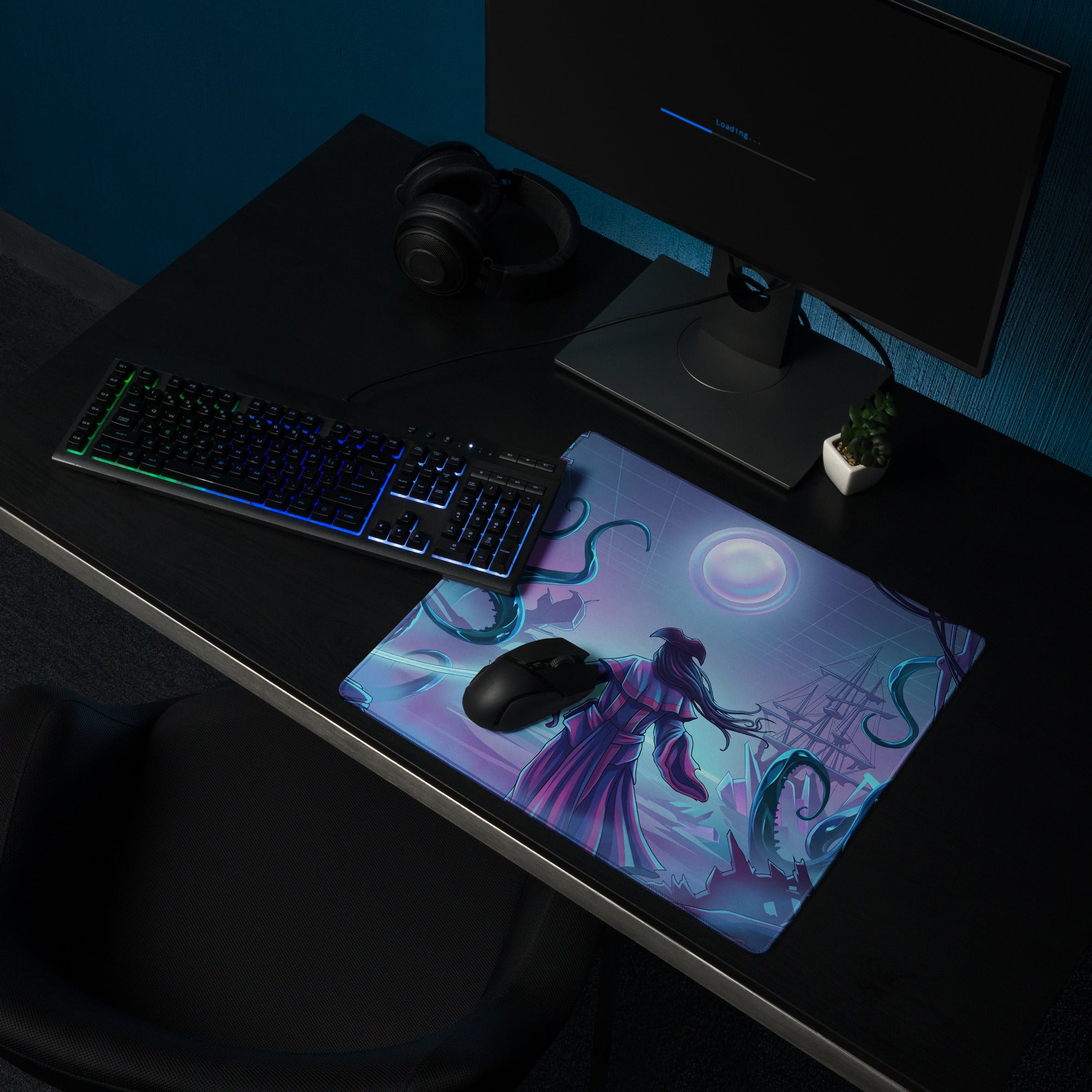 Neon vaporwave night city gaming mousepad with vibrant purple fantasy figure and glowing moon design