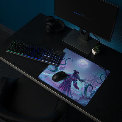 Neon vaporwave night city gaming mousepad with vibrant purple fantasy figure and glowing moon design