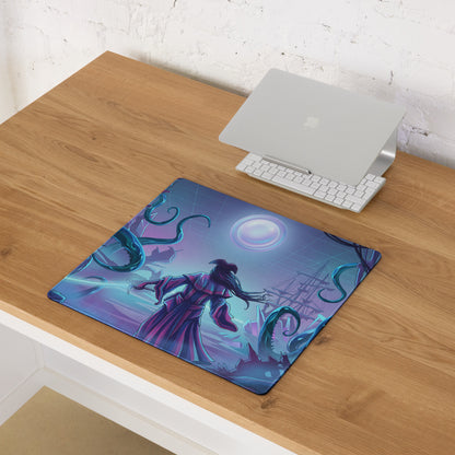 Purple and blue vaporwave gaming mousepad featuring a fantasy character with sword fighting tentacles under a glowing moon
