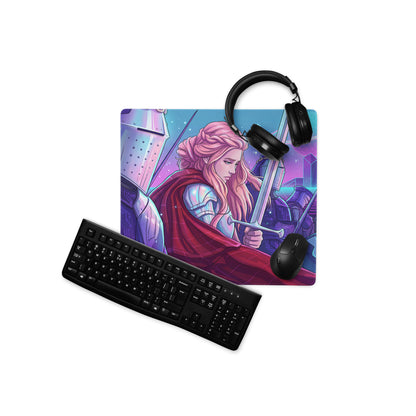 Neon knight vaporwave mouse pad featuring a vibrant purple and pink fantasy warrior woman in red armor for gaming desk use