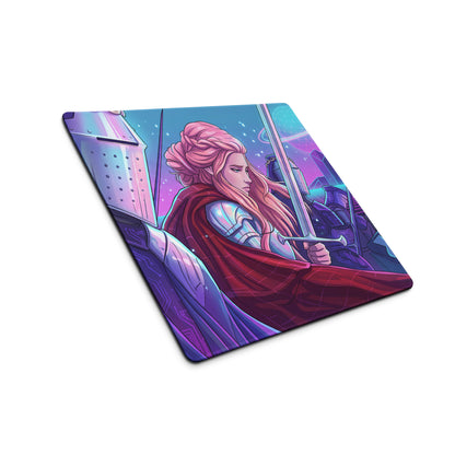 Neon knight vaporwave rectangular gaming mousepad with pink-haired warrior, silver armor, and cosmic purple blue design