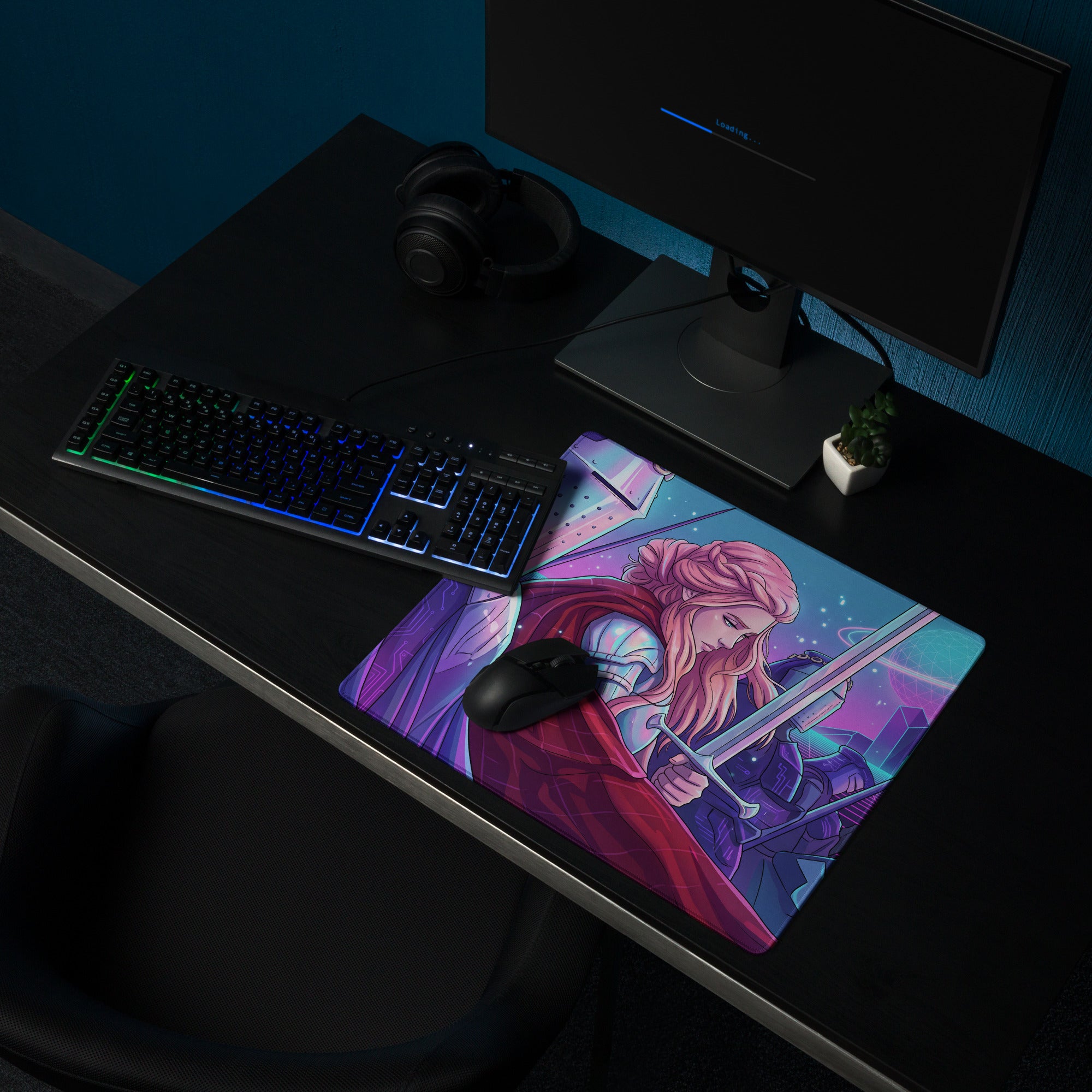 Neon knight vaporwave mouse pad with vibrant purple and pink fantasy warrior illustration for gaming desks
