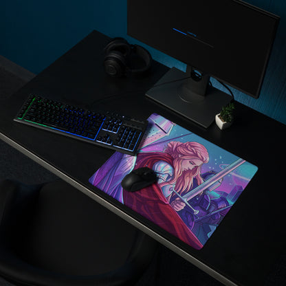 Neon knight vaporwave mouse pad with vibrant purple and pink fantasy warrior illustration for gaming desks