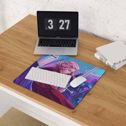 Vibrant purple and blue gaming mousepad with pink-haired fantasy character for neon knight vaporwave gaming desk setup