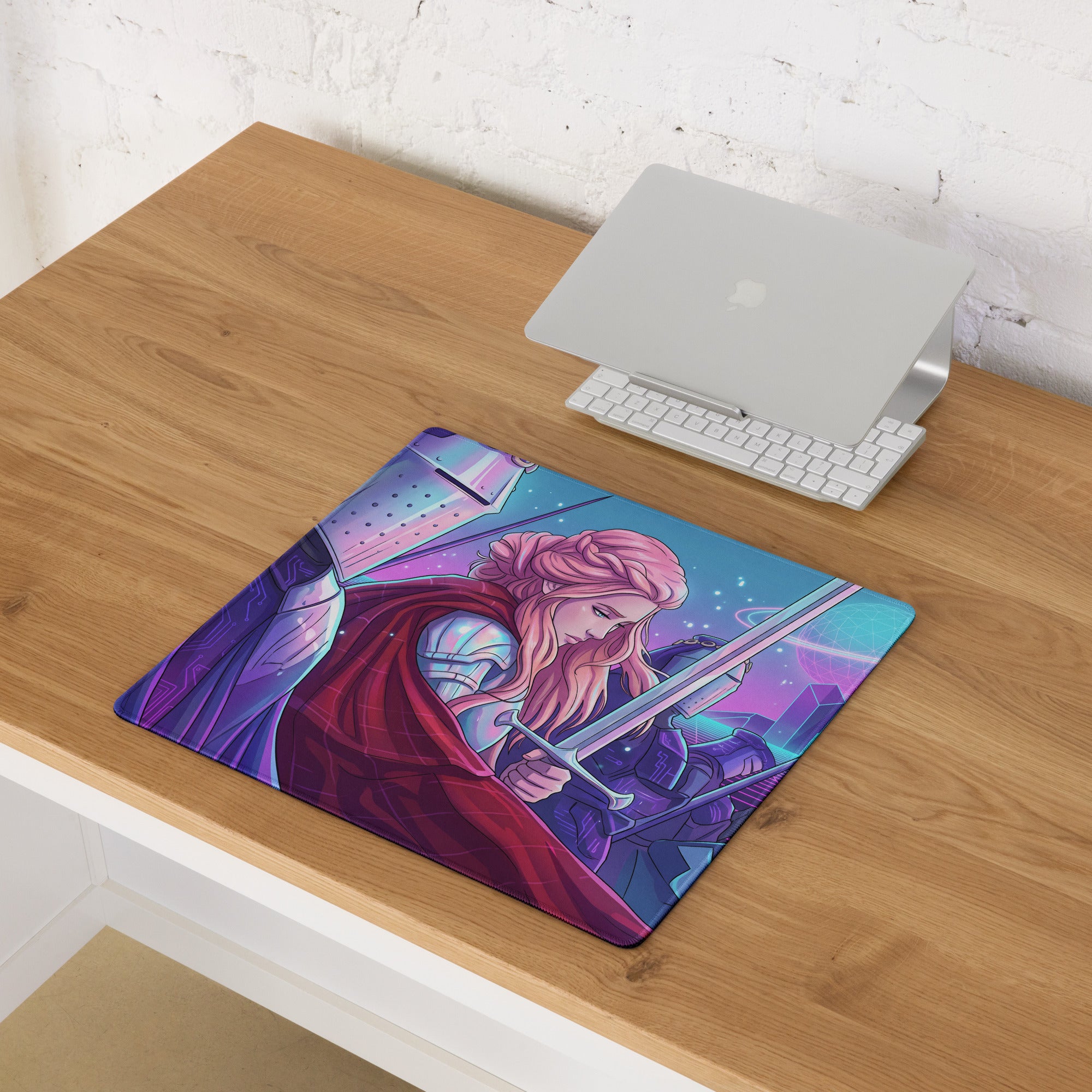 Vibrant purple and red neon knight vaporwave mouse pad with fantasy warrior and pink hair for gaming desk use