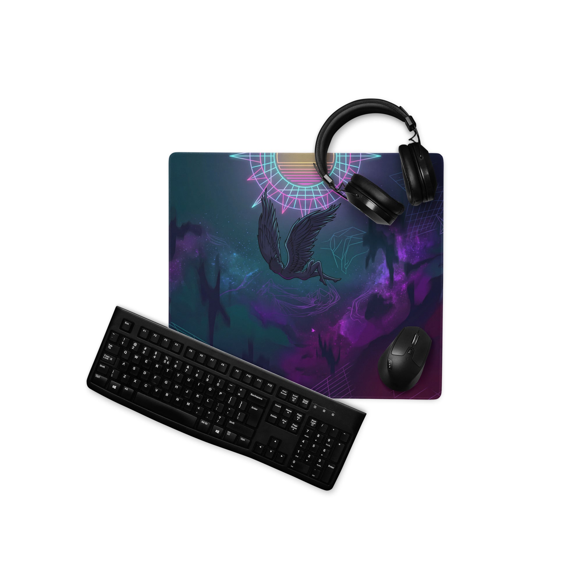 Rectangular gaming mousepad with neon pink and blue vaporwave owl design on cosmic purple and teal background