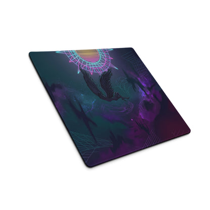 Vaporwave neon owl gaming mouse pad in purple and teal featuring a winged figure under a glowing geometric sun