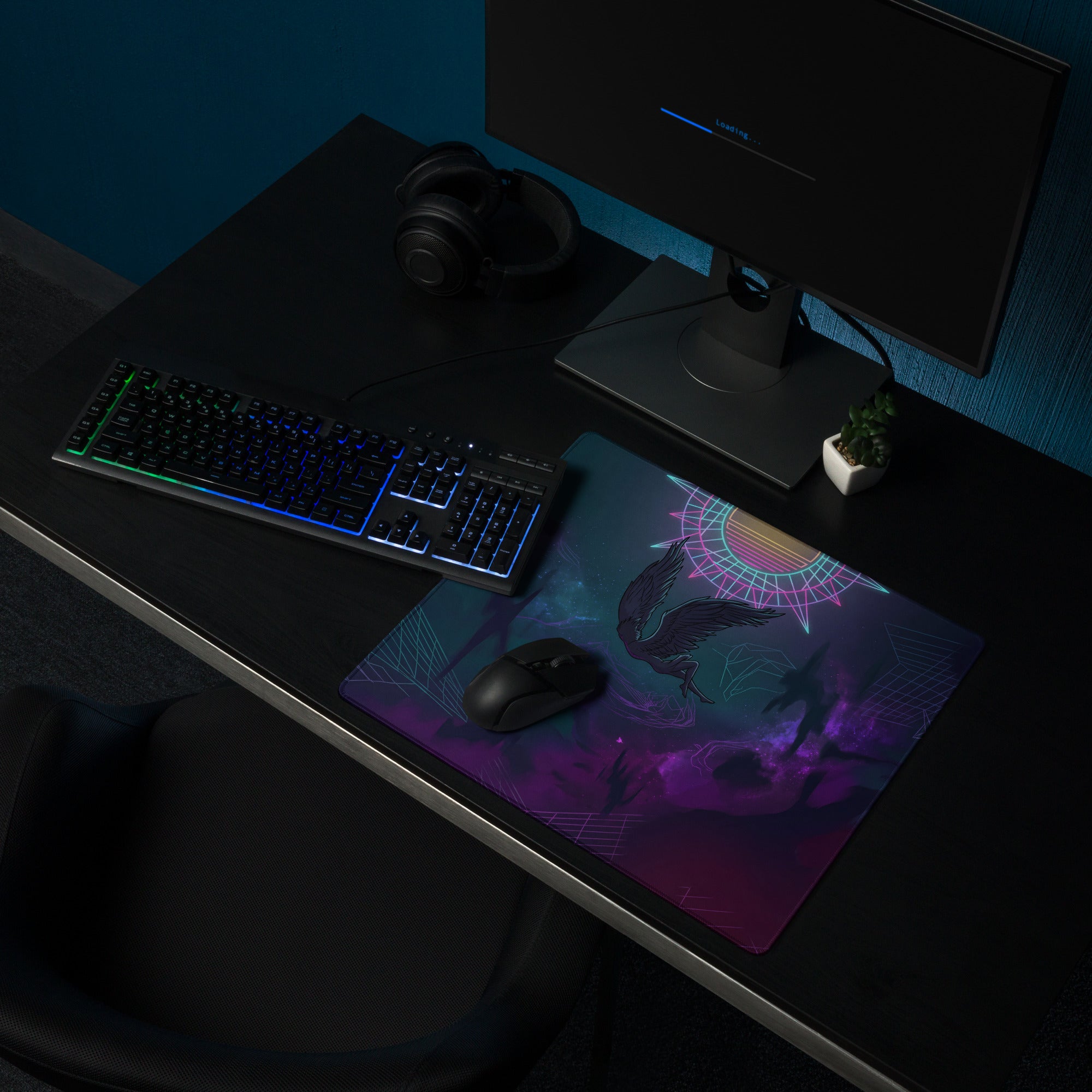 Vaporwave neon owl gaming mouse pad with vibrant pink and purple dragon design and geometric patterns for desk use