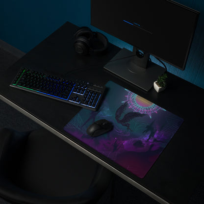 Vaporwave neon owl gaming mouse pad with vibrant pink and purple dragon design and geometric patterns for desk use