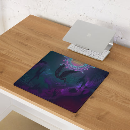 Vaporwave neon owl gaming mouse pad with dark purple and teal cosmic background and black crow silhouette design