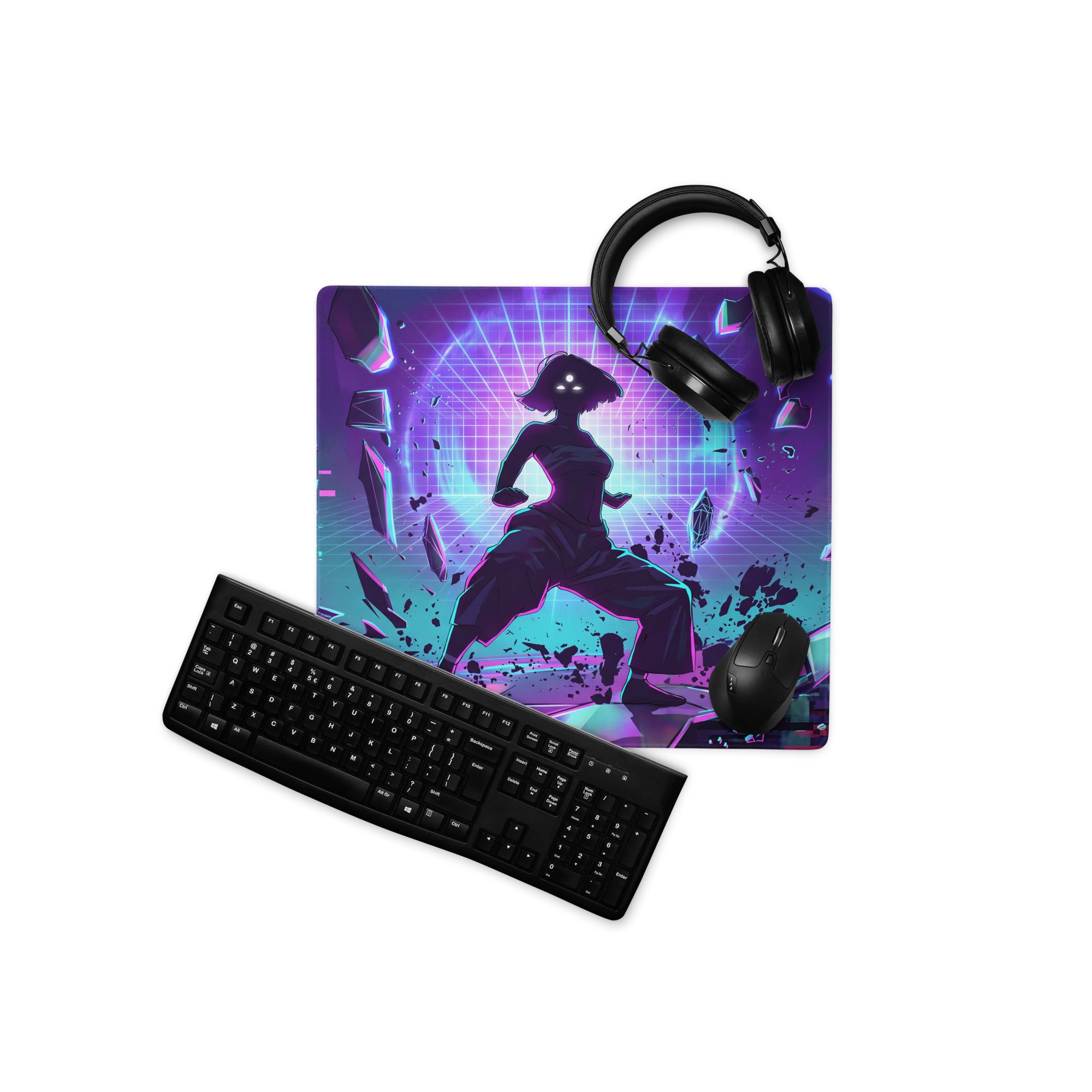 Vibrant purple and teal neon vaporwave grid mouse pad featuring a stylized anime character on shattered glass background