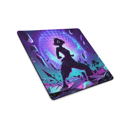 Navy blue and purple neon cyberpunk vaporwave gaming mouse pad with anime silhouette and glowing grid design