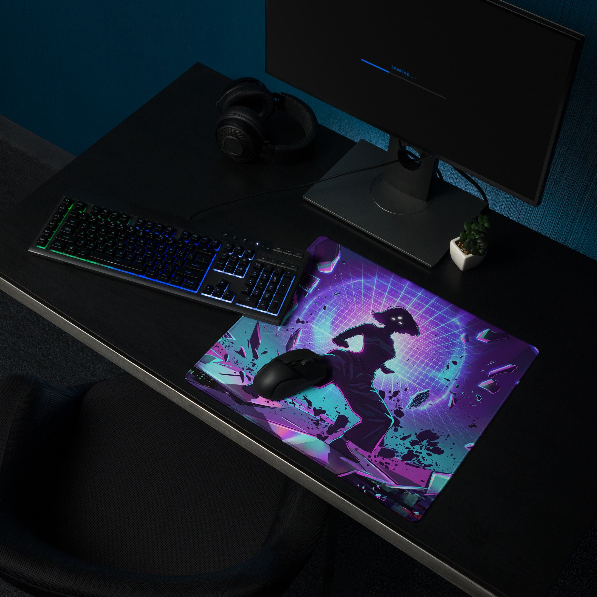Neon vaporwave grid mouse pad with vibrant purple and teal colors featuring a dancer silhouette on shattered glass design